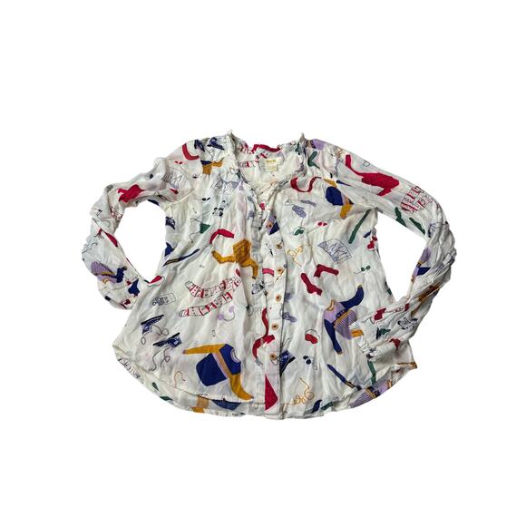 Anthropologie Maeve Marisol Ruffled Blouse Size 2 Winter Ski Print Button Front - Picture 3 of 6